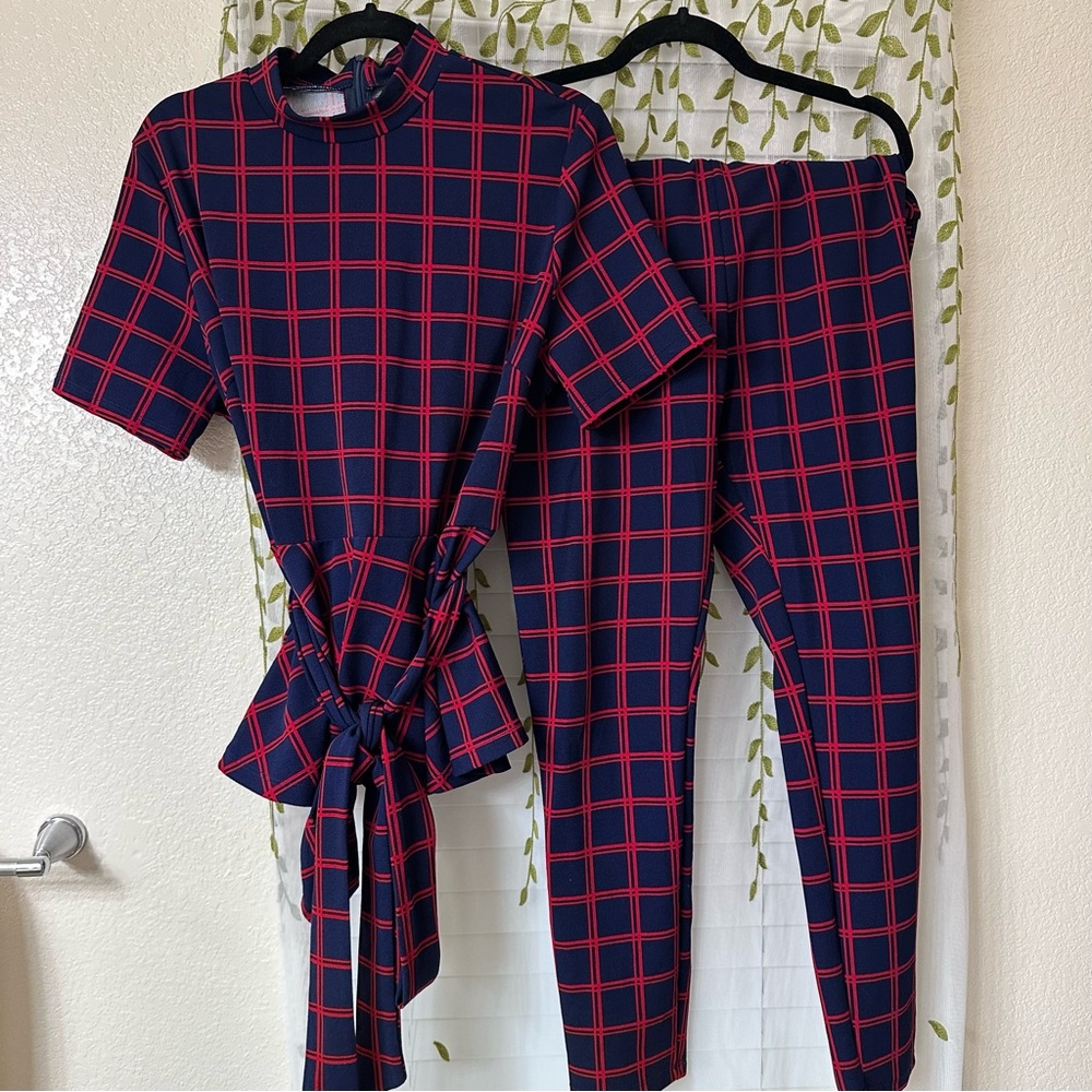 SHEIN Red and Blue Plaid Jumpsuit